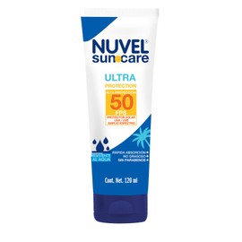 Nuvel Protector Solar SunCare para Cara y Cuerpo, Alta Protección 50 FPS con Amplio Espectro, Resistente al Agua, Rápida Absorción, No Graso y sin Parabenos, 120 ml.