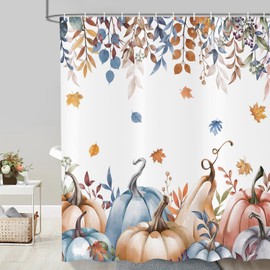 deFouliao Autumn Leaves Shower Curtain Watercolor Fall Harvest Thanksgiving Pumpkin Leaves Bathroom Shower Curtain Sets for Bathtub Home Decor Waterproof with Hooks, 72x72 Inch