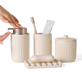 BosilunLife Bathroom Accessories Set - Ceramic Bathroom Set Bathroom Decor Sets Bathroom Counter Lotion Soap Dispenser and Toothbrush Holder Set, Soap Dish, Apothecary Jar (Striped Apricot)
