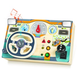 Busy Board Montessori Toys for 1 2 3 Year Old, Wooden Toddler Sensory Toys Busy Board with LED Lights Sound Switch, Toddlers Activity Travel Toy, Steering Wheel Toys Toddler Toy Gifts for Boys Girls