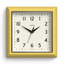 JONES CLOCKS® Mustard Quadratische Retro Wanduhr Modern Farbdesign Perfekt als Küchenuhr, Wohnzimmer Wanduhr oder Büro Uhr mit Leicht ablesbaren Zahlen 25cm (Freches Gelb)