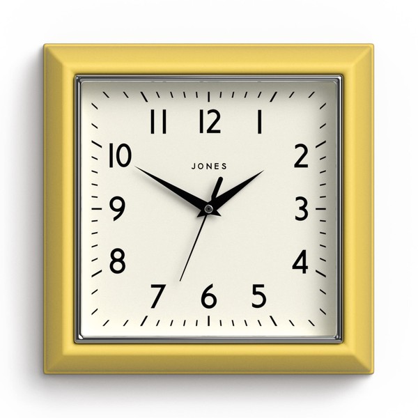 JONES CLOCKS® Mustard Quadratische Retro Wanduhr Modern Farbdesign Perfekt als