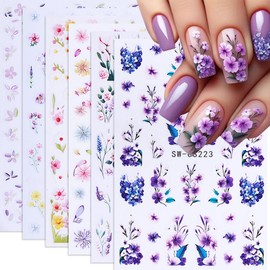 Flower Nail Art Stickers 3D Self-Adhesive Spring Nail Decals Spring Floral Nail Art Supplies Charming Wildflower Peony Dried Flower Summer Nail Accessories for Women Girls (6 Sheets)