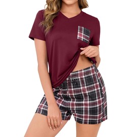 Crewhpo Women's Short Pyjamas Short Sleeve with V-Neck Sleepwear Two Piece Cotton Pyjamas Checked for Summer Loungewear Set Women Leisure Suit, D-red, XXL