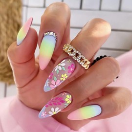Vezocim Flower Press on Nails Pointed Shapes, 24Pcs Rainbow Medium Artificial Fake Nails with Floral Designs, Full Cover Rhinestone Acrylic False Nails, Stick on Fingernails for Women(B1703)