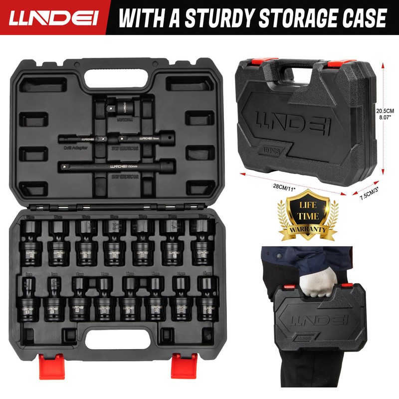 LLNDEI 3/8" Drive Universal Impact Socket Set, 19 Pieces CR-MO