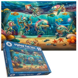 Under the Sea 100 Piece Jigsaw Puzzle With Fish, Sea Turtle, Dolphin, Crabs, Seahorse and More Perfect for Kids ages 6+