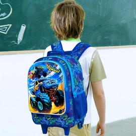 UFNDC 4PCS Rolling Backpack for Boys, Cute Kids Truck Wheeled Bookbag，Roller School Bag with Wheels for Elementary Preschool Travel