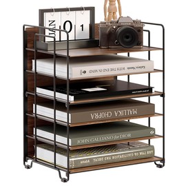 LUCYCAZ Wood Desk Organizer - 6 Tier Paper Letter Tray Organizer with Handle,File Organizer for Letter/A4, Metal Paper Storage for Home, Office, School - Black