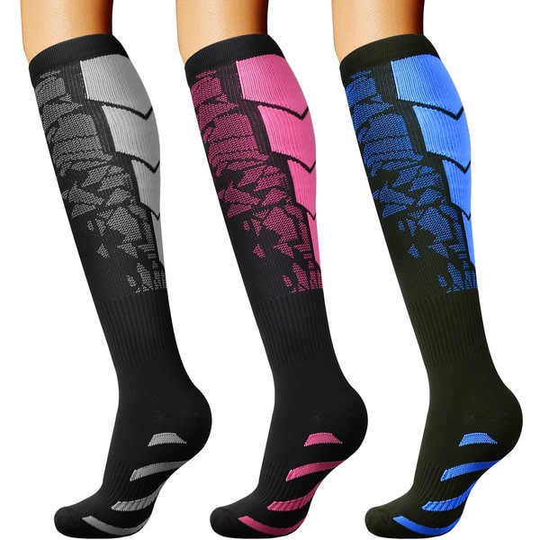 Dreshow 3/7 Pairs Compression Stockings for Men and Women, 20-30 mmHg Compression Socks for Sports, Medical Use, Running, Travel, Flight, Pregnancy, Nurses, 3 Pack: Multicoloured C, s-m