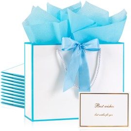 PASEOTA 12.6" Gift Bags Medium Size Set of 10 - Includes Tissue Paper & Cards, Luxury Gift Bags with Handles for Baby Shower Bridesmaids Birthday (12.6" x 9.8" x 3.9", White Blue)