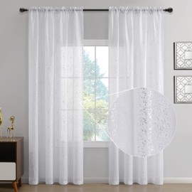 TERLYTEX Extra Long Silver White Sheer Curtains 120 Inches Long, 2 Panels Metallic Silver Shimmer Curtains for Living Room, Privacy Light Filtering Rod Pocket Sparkle Curtain Drapes, 52 x 120 Inch