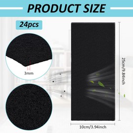 BENECREAT 24Pcs Activated Carbon Air Vent Filters, 25x10cm Black Activated Carbon Pre Filter for Air Purifier, AC, Litter Box, Car, Range Hood, 3mm Thick