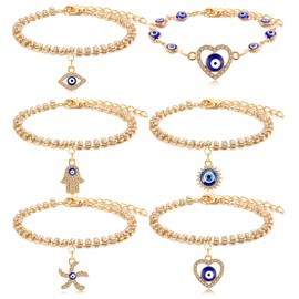 KOHOTA 6PCS Classic Evil Eye Bracelet for Women Gold Chain Cubic Zircon Beaded Lucky Turkish Blue Eyes Charms Bracelets Set Evil Eye Jewelry