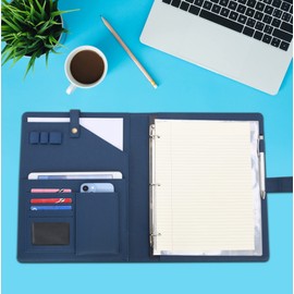 Wonderpool A4 PU Leather Portfolio Holder Ring File Document Case with Removable Binder Clipboard, Multi Pocket and Legal Pad for Business Organizer Interview and Meeting (Dark Blue)