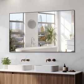 WONSTART Big Modern Bathroom Wall Mirror for Over Sink, 50" x 30" Aluminum Frame Rectangle Wall Mirror Hangs Horizontal or Vertical for Bedroom Bathroom, Non-Rusting