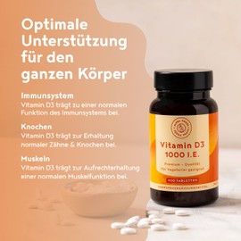 Vegetarian Vitamin D3 Tablets - with 25 μg (1000 IU) and Bioavailability - Sun Vitamin for Bones, Muscles and Immune System. 400 Tablets Alpha Foods