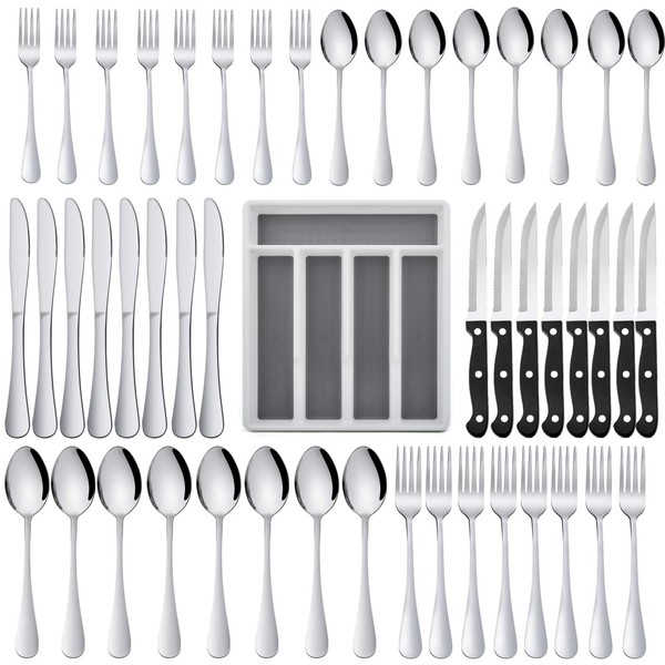 49-Piece Silverware Set with Flatware Drawer Organizer, HaWare Stainless Steel
