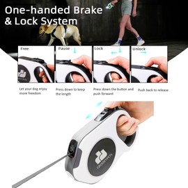 Rechargable Super Bright LED Flashlight Color Streamer Ring Anti-Tangle Retractable Sturdy Nylon Dog Leash, 16-ft Long, 3/8-in Wide (White)