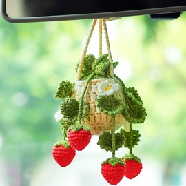 MENGSOOD Hanging Ornament, Car Ornament Leaf - Handmade Knitted Mirror Hanging, Deep Leaf Strawberry for Driver, Interior Accessories for Cars