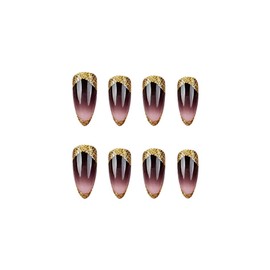 SINHOT Almond Press on Nails Medium - Black Ombre & Amber Stiletto Nail Art, Gold Bling Glitter DIY Fake Nails with Glossy Glue on Nails, 24Pcs