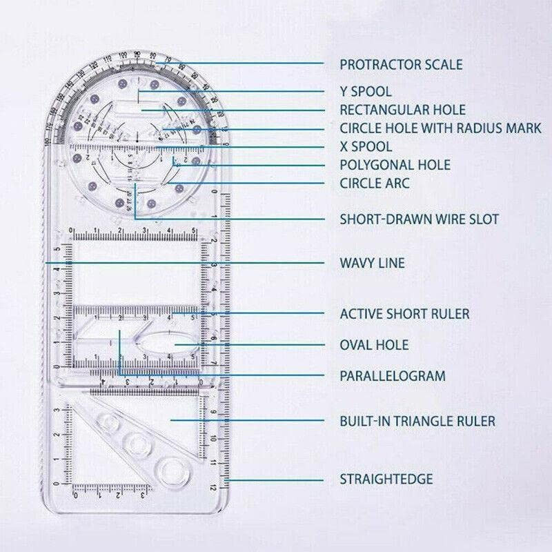 Multifunctional Geometric Ruler Student Mathematics Drawing Tools School Office, Clear