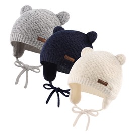 XIAOHAWANG Baby Winter Hat Boys Girls Warm Knitted Hats Soft Cotton Lining with Cute Bear Ears Winter Baby Hat, White+Navy+Grey