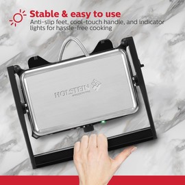 Holstein Housewares 2-Slice Panini Press and Grill - Black/Stainless Steel Sandwich Maker with Non-Stick Coating, Temperature Control, and Drip Tray - Opens 180 Degrees for Versatile Cooking