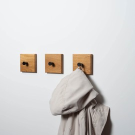 Oak Coat Hooks - Handmade Hook Rack with Black Hooks Set of 3 - Sustainable Wooden Coat Rack as Wall Decoration, Towel Rack or Key Rack - Modern, Timeless Design