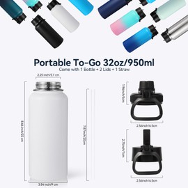 Neihepal 32 oz Insulated Water Bottle Bulk 2 Pack,18/8 Stainless Steel Double Wall Vacuum Flask with Straw Lid & Spout Lid Keeps Hot or Cold,Ideal for Gym,School,Outdoor,Camping,Sports(White,2 Set)