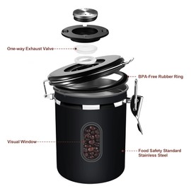 1800ML Airtight Coffee Canister with Date Tracker Transparent Window, 22.8OZ Coffe Beans Storage with 30ML Measure Spoon&4 co2 Valve, Kitchen Food Storage Container for Grounds Coffee,Beans&Tea(Black)