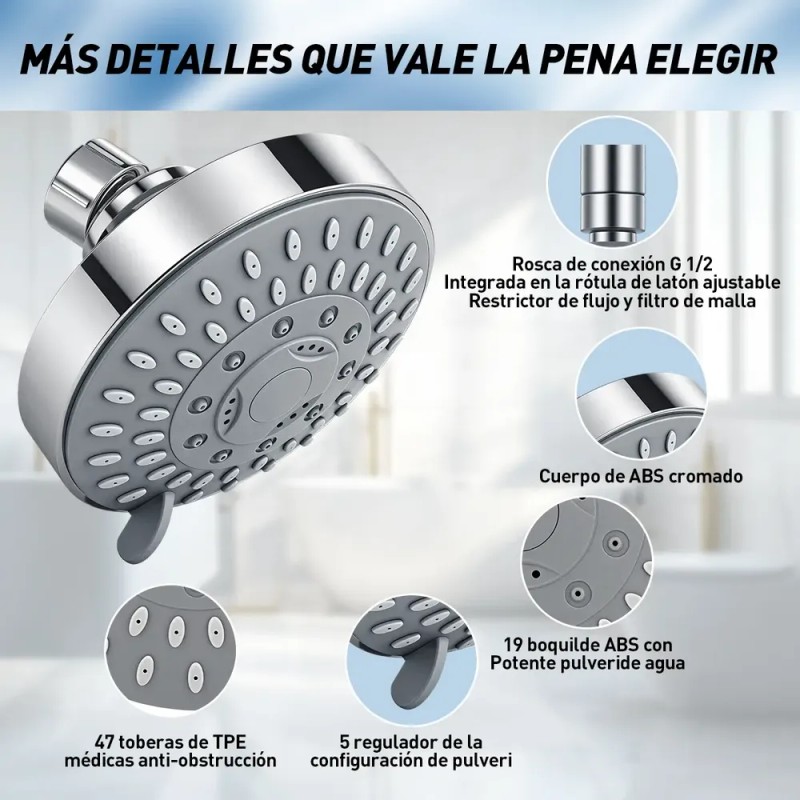 Ducha De Alta Presión De Acero Inoxidable Ajustable 5 Modos