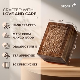 Wooden Cremation Urn for Human Ashes – Memorial Funeral Box & Burial Casket for Men, Women, Children or Pets – Tree of Life Design (Medium 80 Cu/in, Standard)