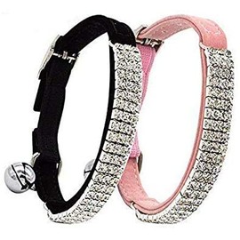 CHUKCHI Soft Velvet Safe Cat Adjustable Collar Bling Diamante with Bells,2 Pcs Black+Pink