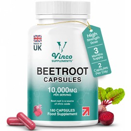 Vinco Beetroot Capsules 10,000mg - High Strength Beetroot Supplement 180 Vegan Capsules - Nitric Oxide Support - Enriched with Black Pepper - Made in The UK