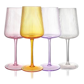 WeirdUncle Hand Blown Ribbed Wine Glasses with stem, Lead-Free Crystal Glasses, Luxury Gift, Set of 4, Unique, 18oz Premium Wine Goblet, Large capacity, Fluted Design (Summer Colored)