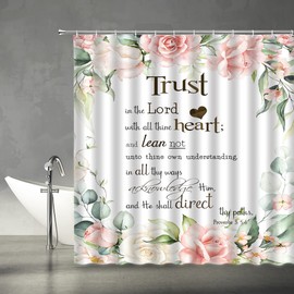 Inspirational Quote Shower Curtain Trust in The Lord with All Thine Heart Motivational Word Proverb Watercolor Floral Pink Flower Rose Fabric Home Bathroom Decor Set with Hooks（70" WX70 H）