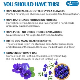 FreshDrinkUS, Premium 55 Tea Bags Blue Butterfly Pea Flowers, 100% Natural and Pure from Butterfly Pea Flowers, Made With Natural Material Tea Bag, No Sugar, No Caffeine, No Gluten, Vegan