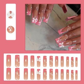 24 Pcs Pink French Press on Nails Long Square - WLGDLH Water Pipe Fake Nails Nude False Nails with White Bow Pearls Design Glossy Nail Tips Full Cover Acrylic Glue on Nails for Women Manicure