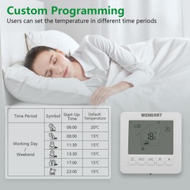 Wengart Electric Heating Thermostat Digital Programmable WG02B05, LCD Touch Screen, Max16A AC230V, Flush-Mounted with 3 m Sensor, White Backlight