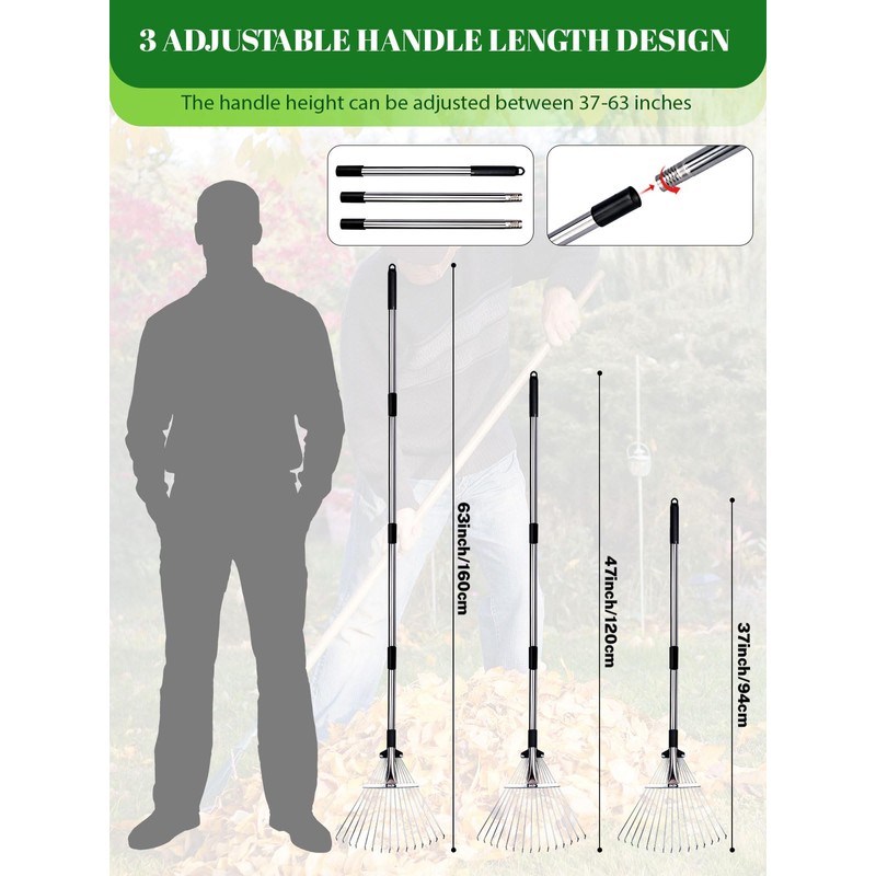 Adjustable Metal Leaf Rake Set Garden Rake for Leaves Long