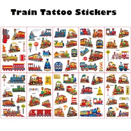 10 Sheets Train Temporary Tattoos for Kids Birthday Party Supplies, Steam Train Railroad Themed Stickers, Classroom Rewards, Carnival Prizes, Vintage Cartoon Decorations Gifts for Boys Girls