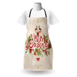 Ambesonne Christmas Apron Pack of 2, Merry Xmas Wish Fir Tree Branches Poinsettia Flowers Birds and Deer, Unisex Kitchen Bib with Adjustable Neck, 2 Pcs - Adult Size, Green Red Tan