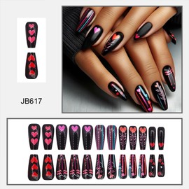 Valentines Press on Nails Medium Coffin Fake Nails With Pink Red Heart Designs Black False Nails Glossy Glue on Nails Full Cover Artificial Stick on Nails for Women 24 Pcs