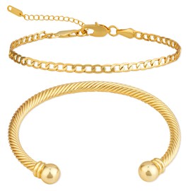 AWARDSEN Women's Open Bangle Bracelet, Adjustable Bracelet, Set of 2, Gold-Plated Stainless Steel Bracelets, Stacking Bracelets, Jewellery Bracelet for Women, No gemstone