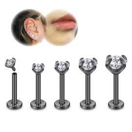 ZS 16G/18G Lip Labret Studs, Stainless Steel Internally Threaded Jewelry for Nose Conch Medusa Piercing, CZ Forward Helix Tragus Earring for Women Men (Black/16g/10mm)