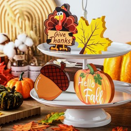 Bucherry Thanksgiving 4 Pieces Fall Tiered Tray Decor Wooden Signs Pumpkin Maple Leaf Turkey Harvest Small Farmhouse Table Wood Block Hello Fall Pinecones for Office Home Party