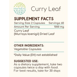 HerbEra Curry Leaf 120 Capsules, 500 mg, Curry Leaf (Murraya koenigii) Dried Leaf (120 Capsules)