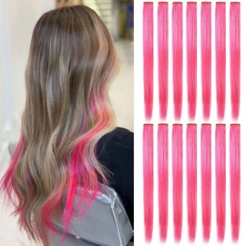 ECOCHARMS 14 Pcs Colored Hair Extensions Heat-Resistant Synthetic straight Hairpiece,Multi-colors Party Highlights Clip in Hair Extensions Cosplay Fashion Party Christmas Gift for Women Girls and Kids (Pink)