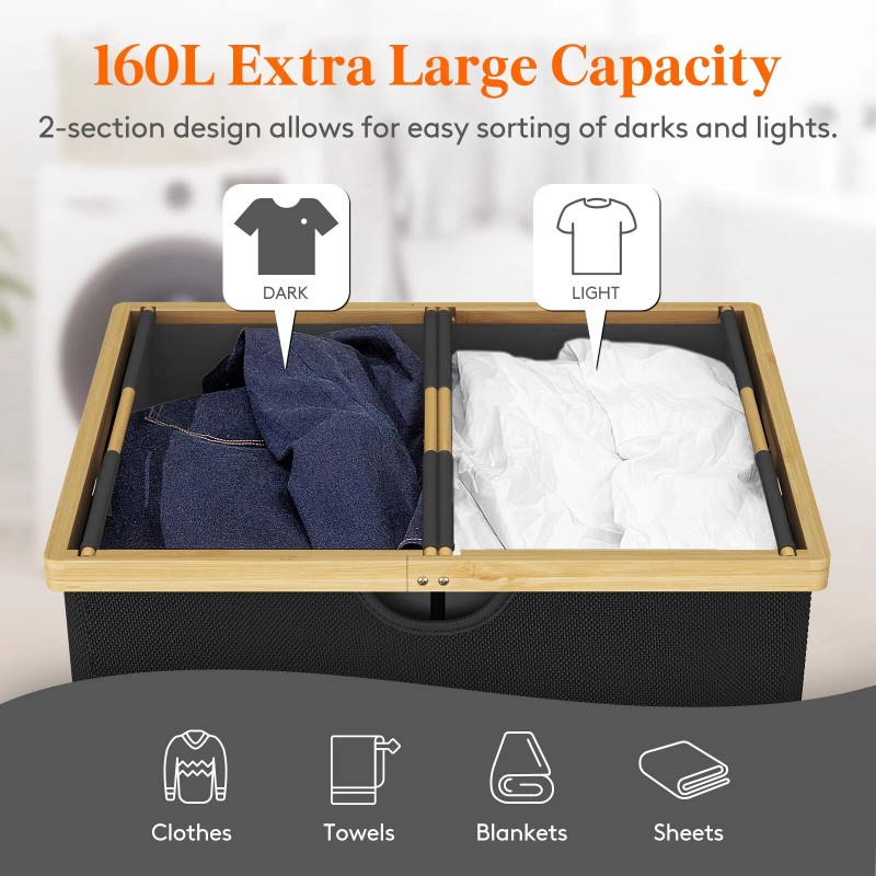 Lifewit 160L Double Laundry Hamper with Lid, Extra Large Bamboo
